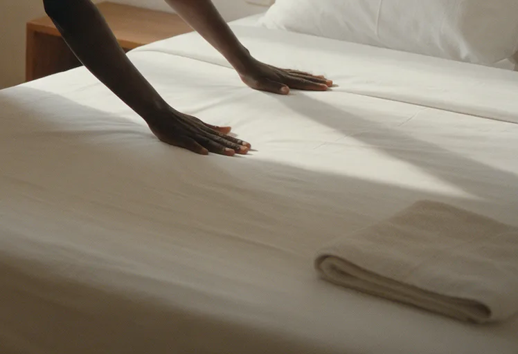Des mains lissent un drap blanc sur un lit préparé